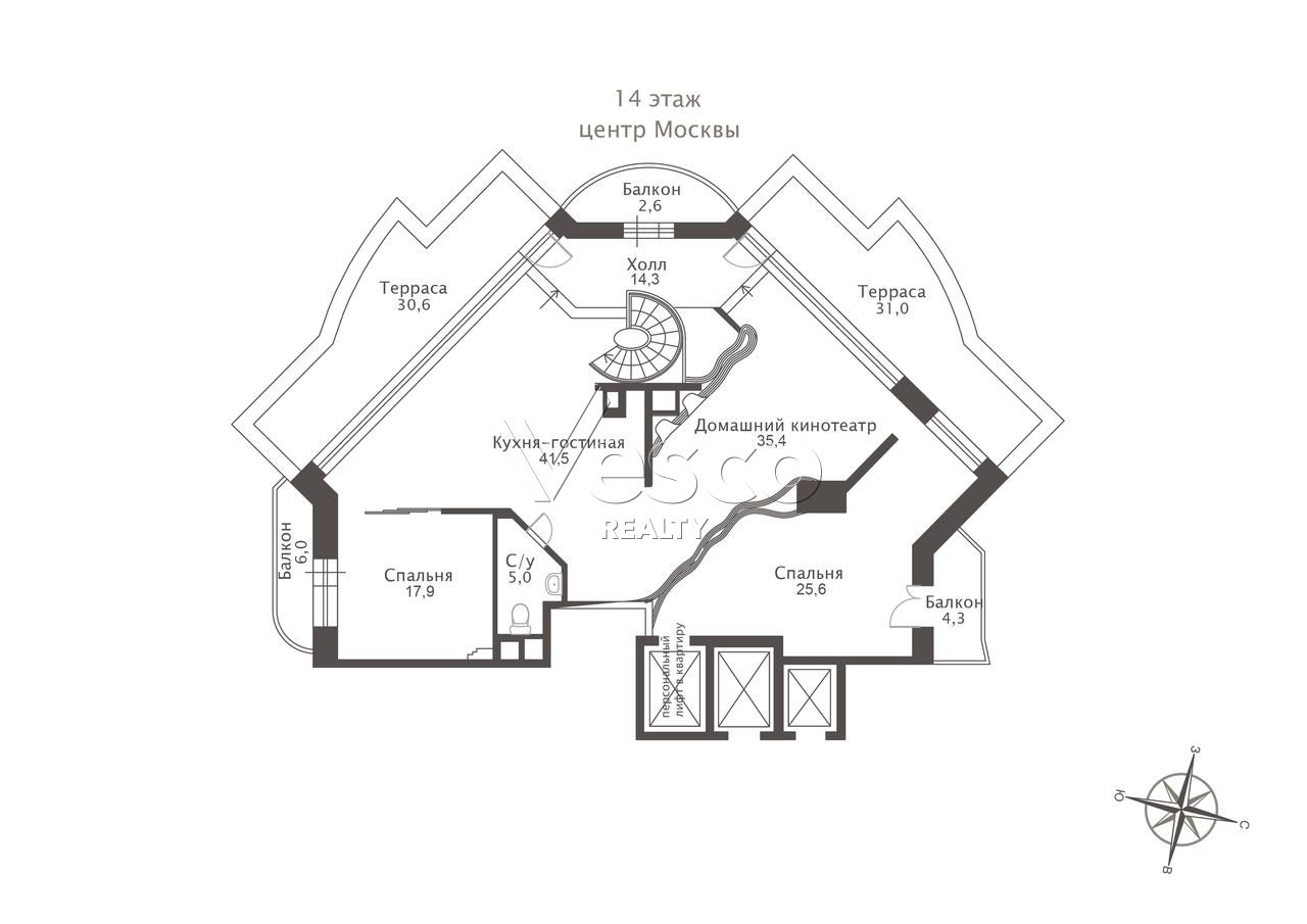 Пентхаус с террасой площадью 345.8 м²